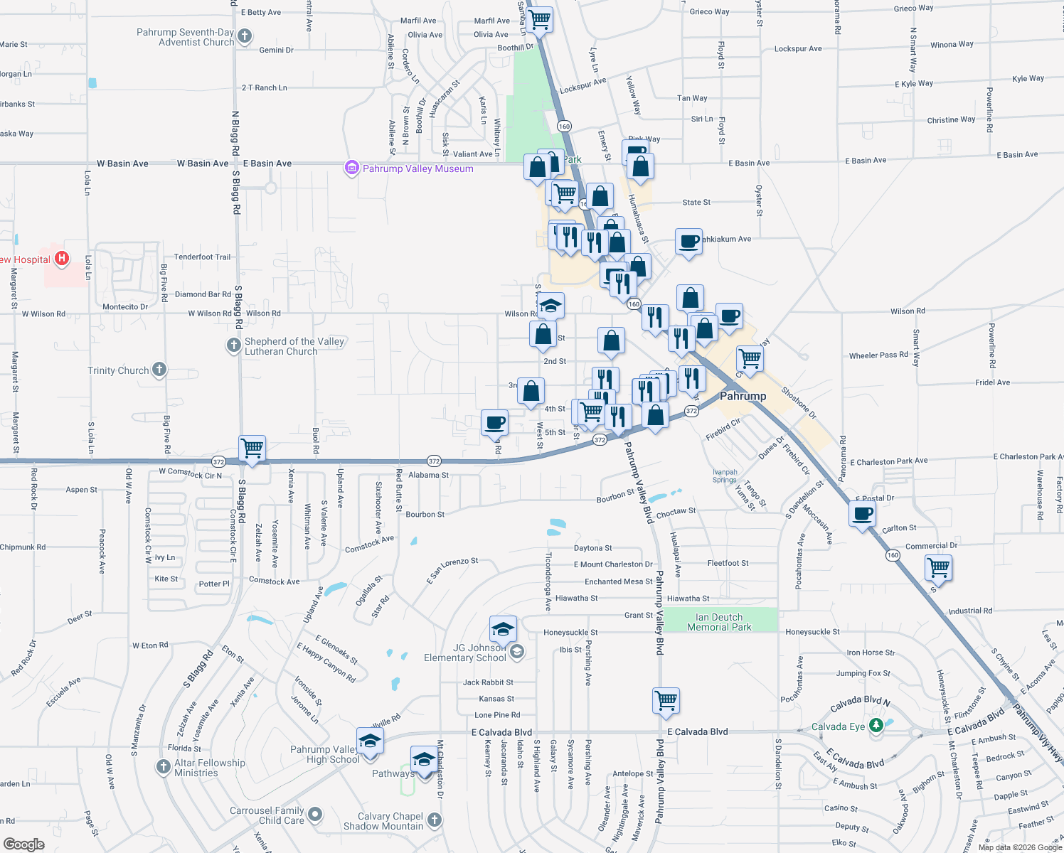 map of restaurants, bars, coffee shops, grocery stores, and more near 830 West Street in Pahrump