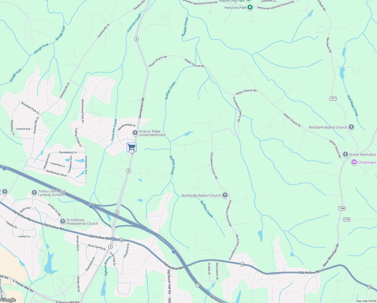 map of restaurants, bars, coffee shops, grocery stores, and more near 6275 Raven Forest Court in Winston-Salem