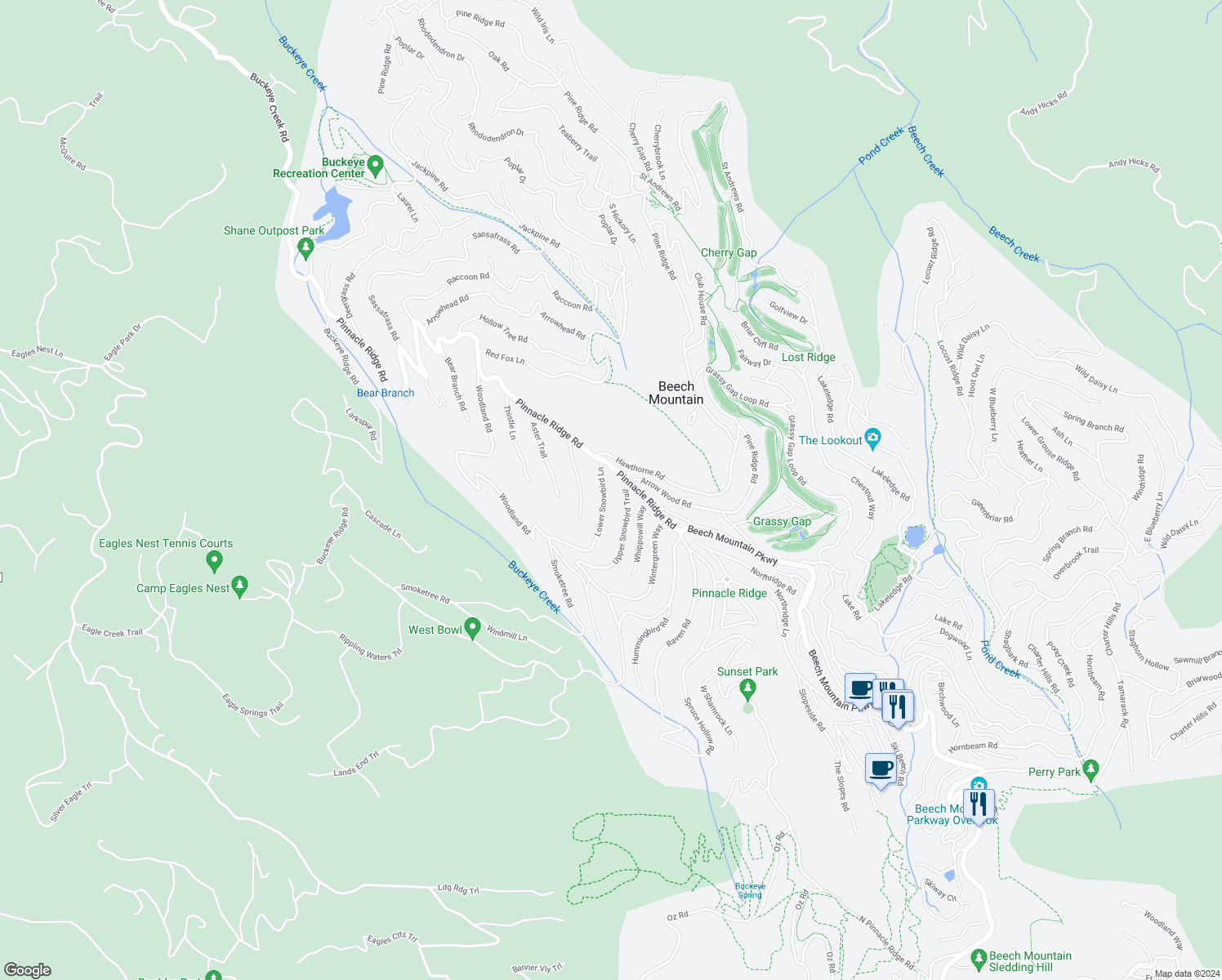 map of restaurants, bars, coffee shops, grocery stores, and more near 105 Lower Snowbird Lane in Beech Mountain