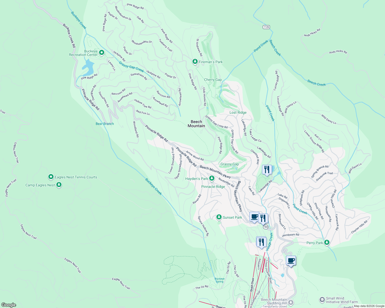 map of restaurants, bars, coffee shops, grocery stores, and more near 116 Arrow Wood Road in Beech Mountain