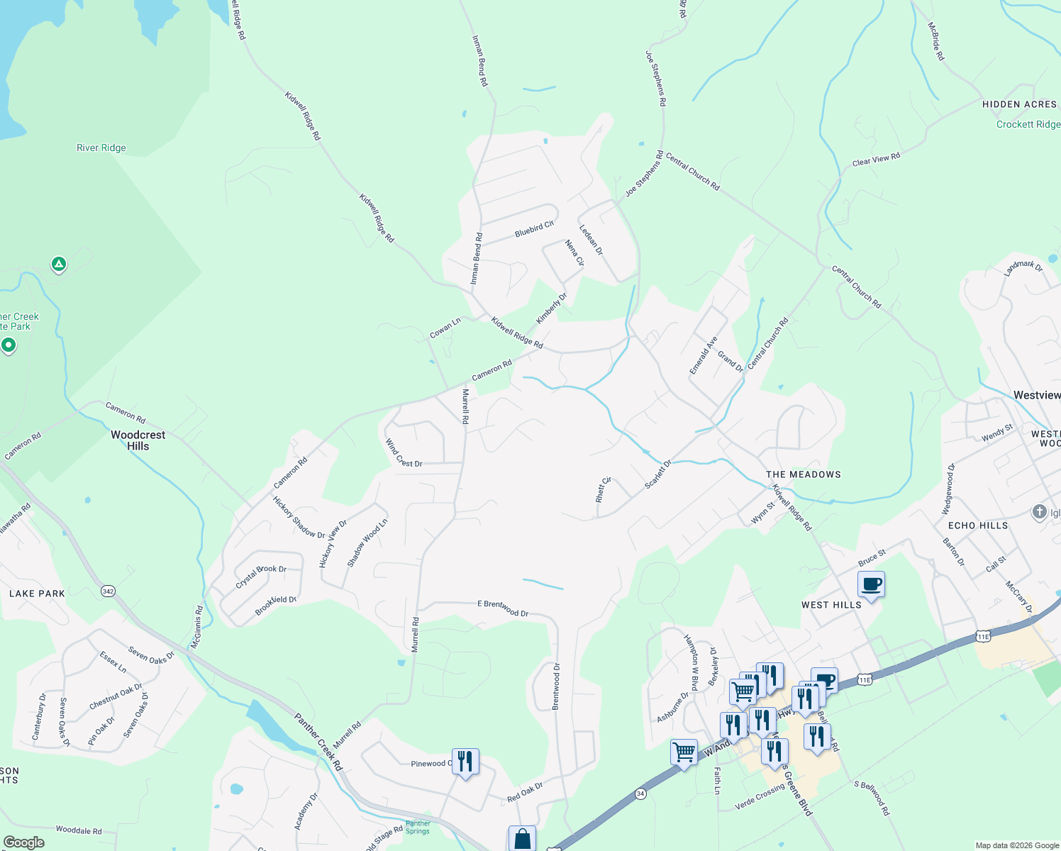 map of restaurants, bars, coffee shops, grocery stores, and more near 4153 Rambling Rd in Morristown