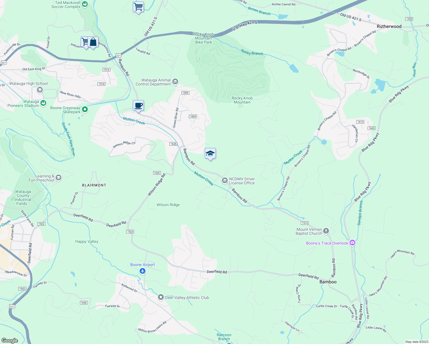 map of restaurants, bars, coffee shops, grocery stores, and more near 4618 Bamboo Road in Boone
