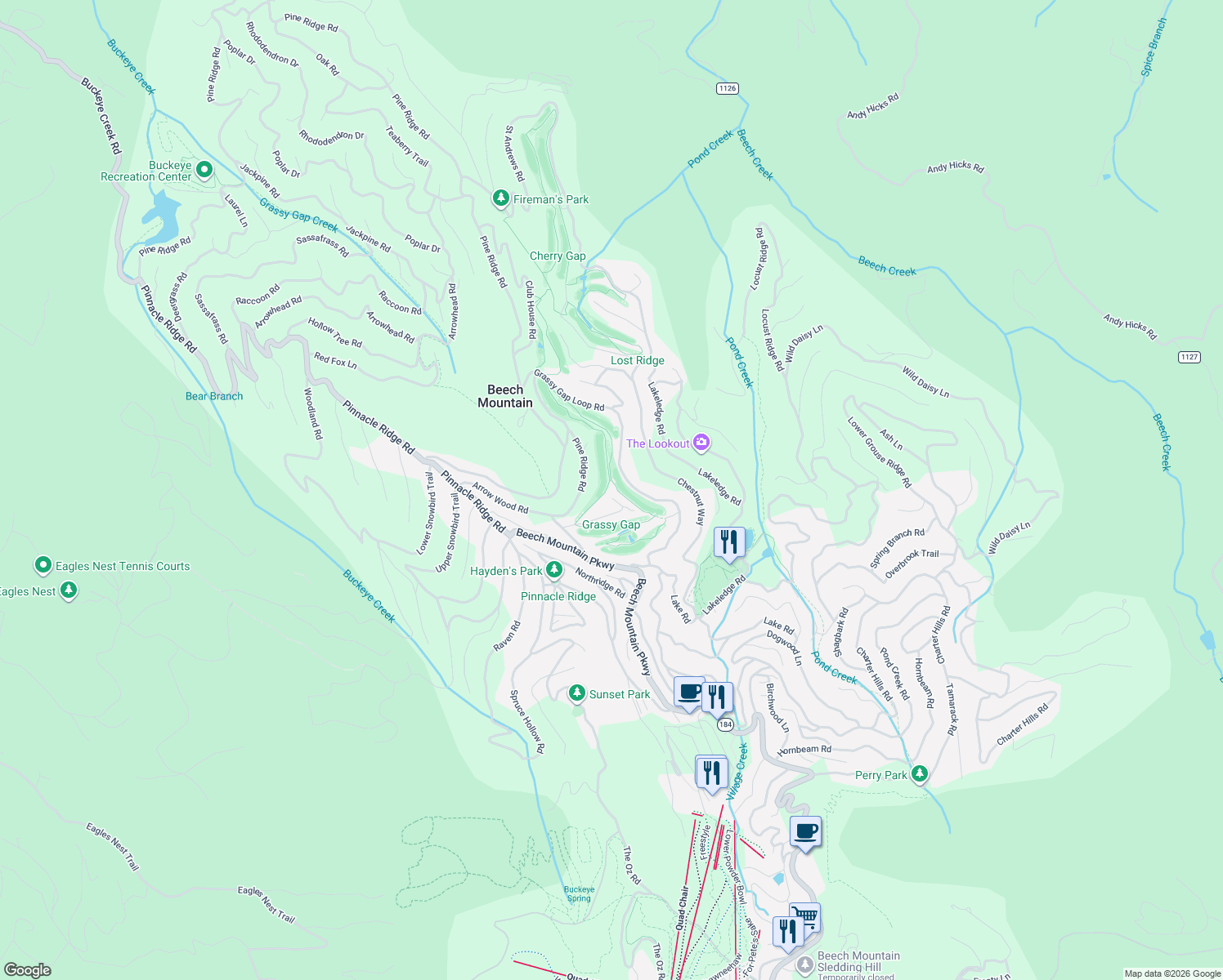 map of restaurants, bars, coffee shops, grocery stores, and more near 110 Hilltop Road in Beech Mountain