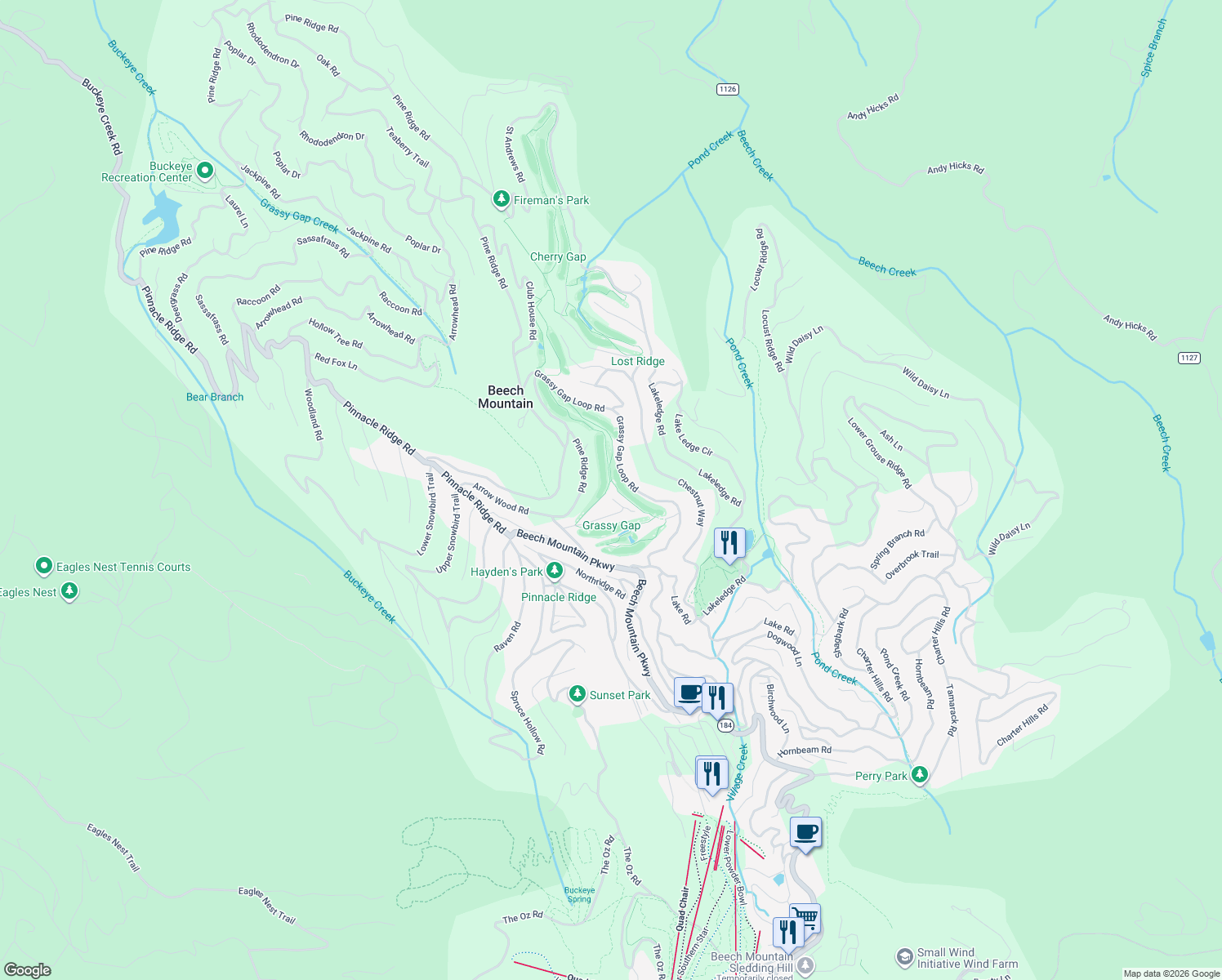 map of restaurants, bars, coffee shops, grocery stores, and more near 110 Hilltop Road in Beech Mountain