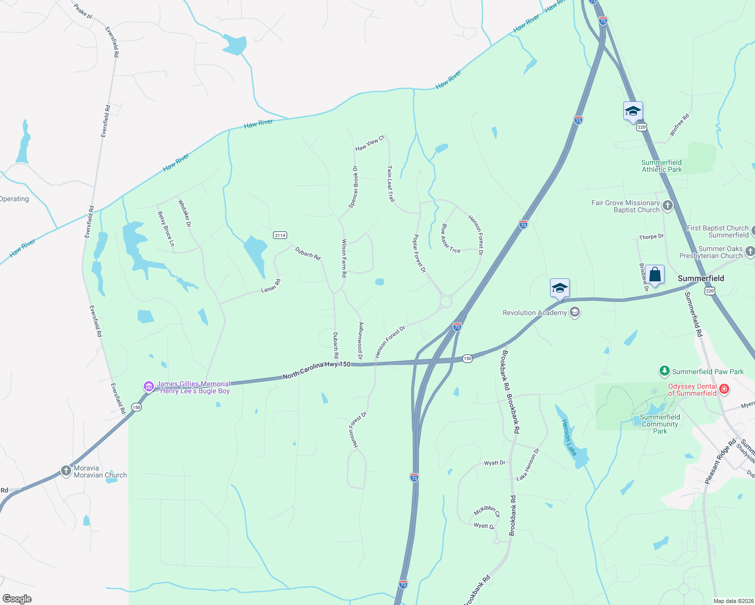 map of restaurants, bars, coffee shops, grocery stores, and more near 6745 Phillip Court in Summerfield