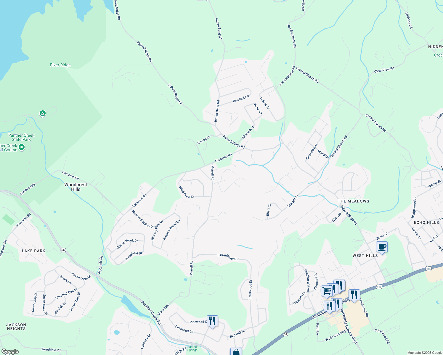 map of restaurants, bars, coffee shops, grocery stores, and more near 1387 Dandelion Circle in Morristown