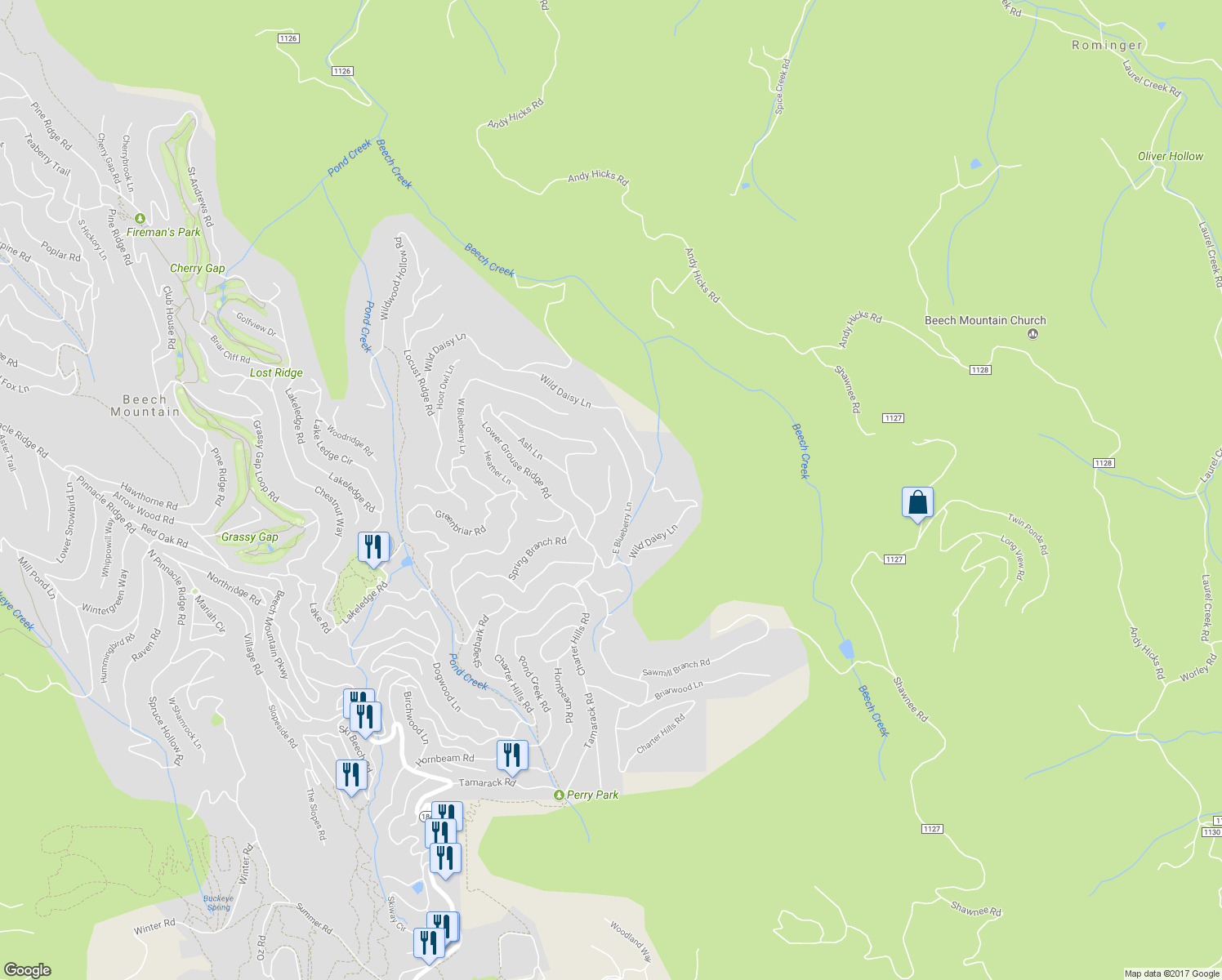 map of restaurants, bars, coffee shops, grocery stores, and more near 401 Windridge Road in Newland