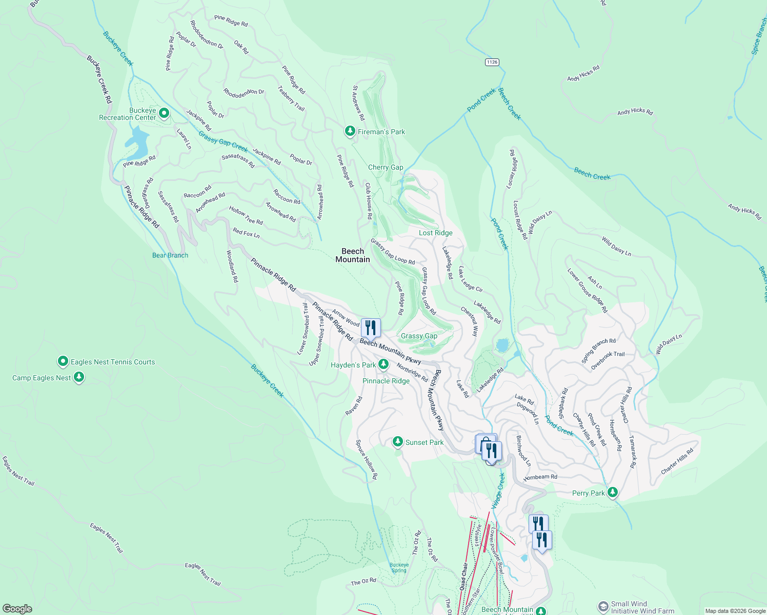map of restaurants, bars, coffee shops, grocery stores, and more near 108 Hawthorn Road in Beech Mountain