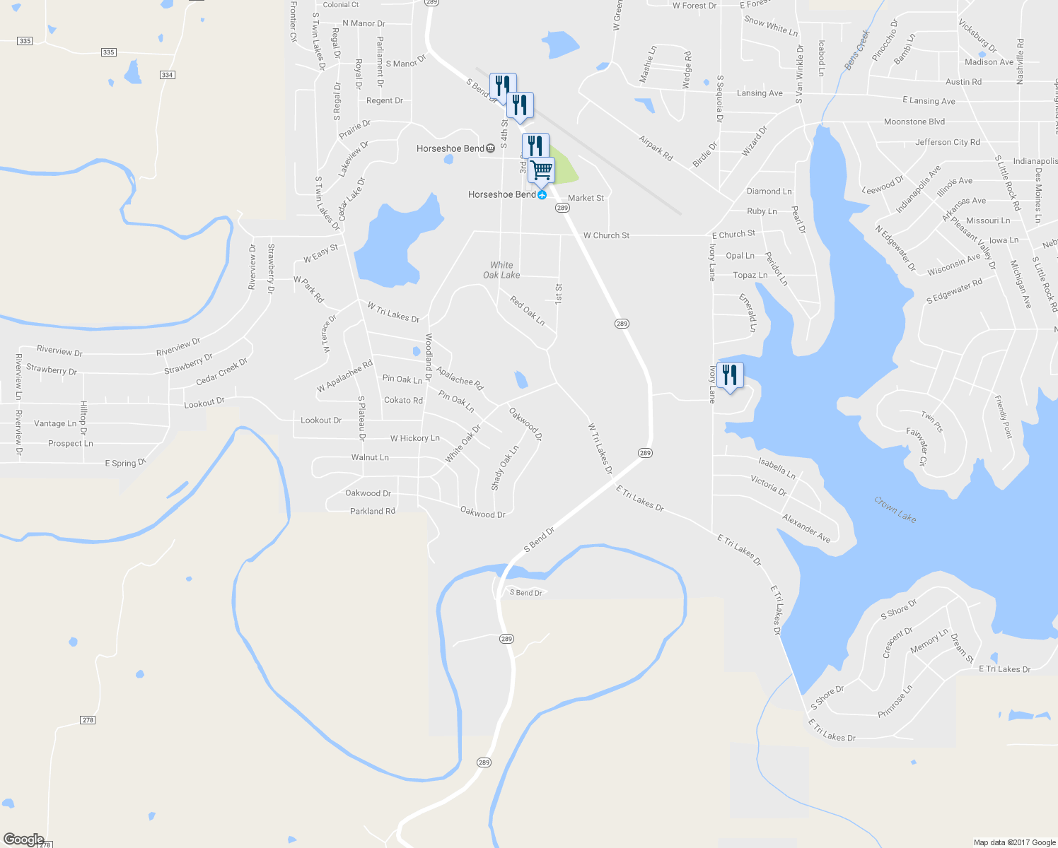 map of restaurants, bars, coffee shops, grocery stores, and more near 1700 Oakwood Drive in Horseshoe Bend