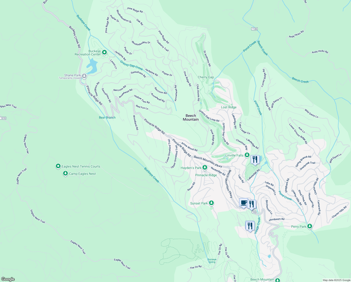 map of restaurants, bars, coffee shops, grocery stores, and more near 105 Lower Snowbird Lane in Beech Mountain