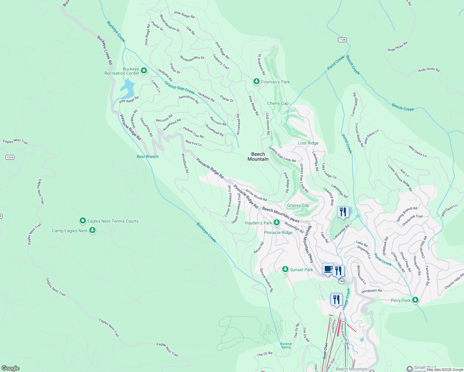 map of restaurants, bars, coffee shops, grocery stores, and more near 105 Lower Snowbird Lane in Beech Mountain