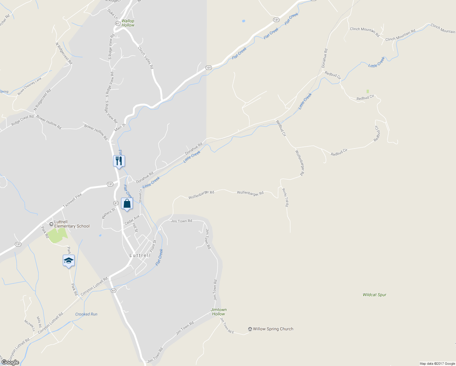 map of restaurants, bars, coffee shops, grocery stores, and more near 326 Wolfenbarger Road in Luttrell