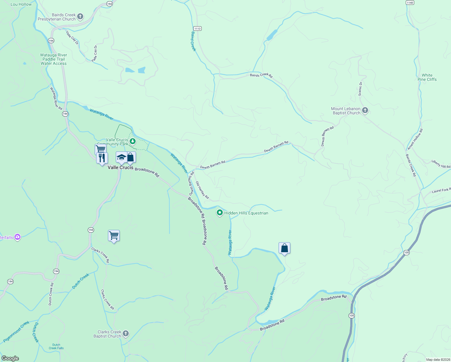 map of restaurants, bars, coffee shops, grocery stores, and more near 221 White Oak Trail in Banner Elk