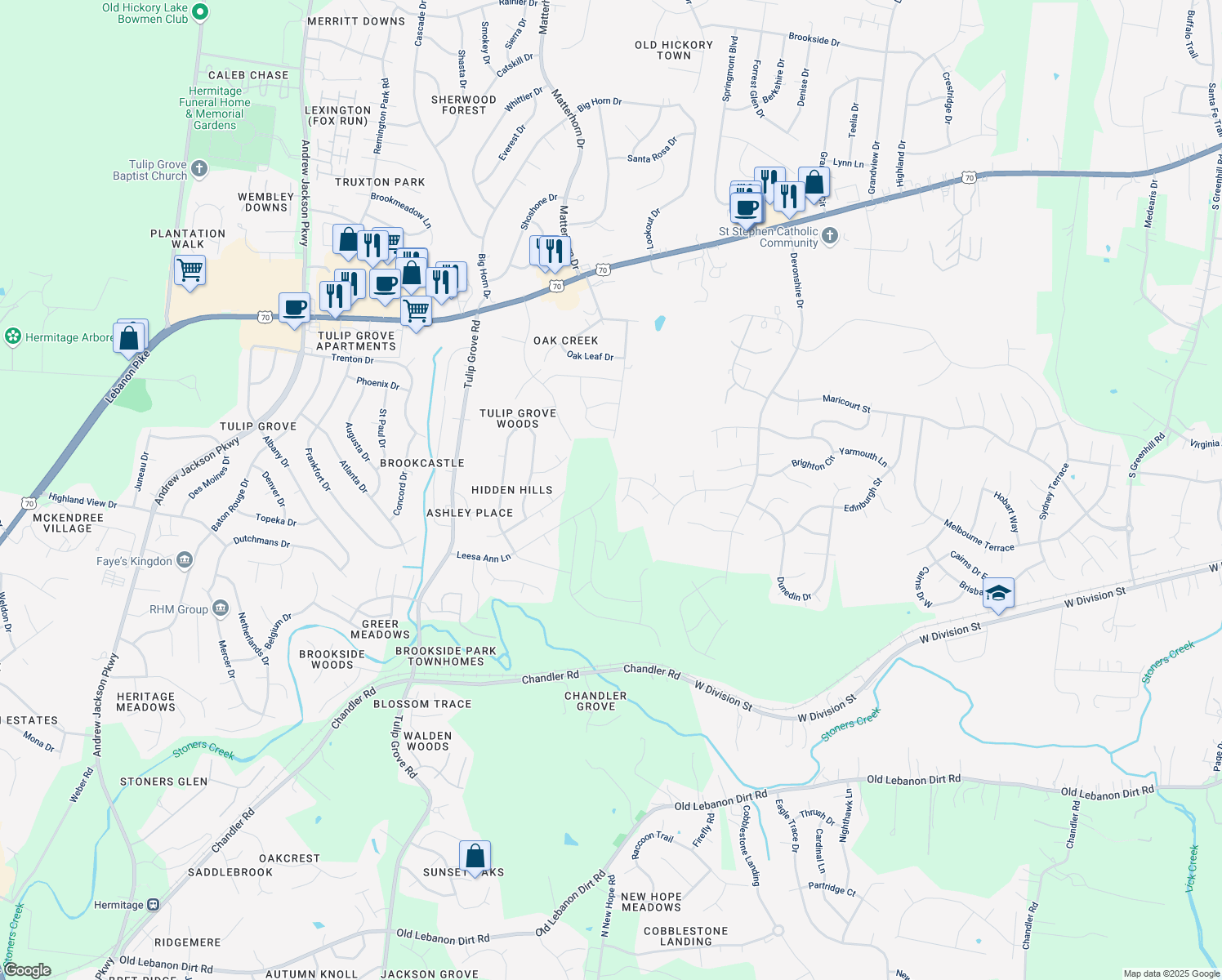 map of restaurants, bars, coffee shops, grocery stores, and more near 2725 Leesa Ann Lane in Nashville