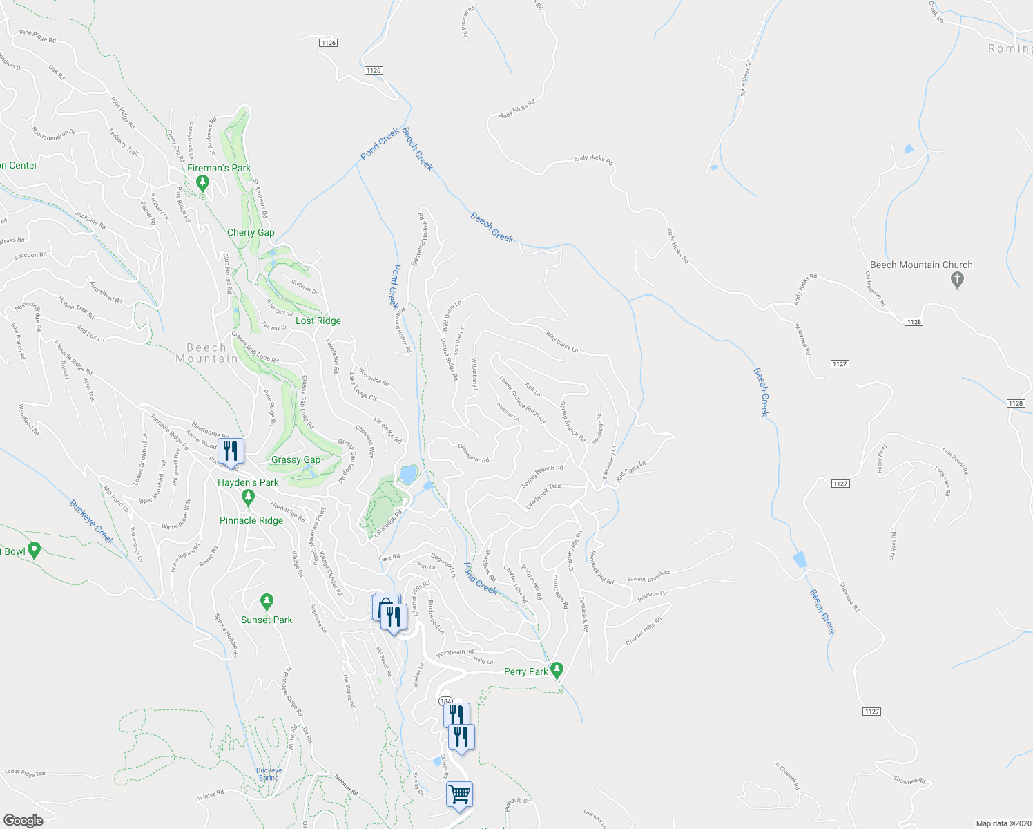 map of restaurants, bars, coffee shops, grocery stores, and more near 102 Heather Lane in Beech Mountain