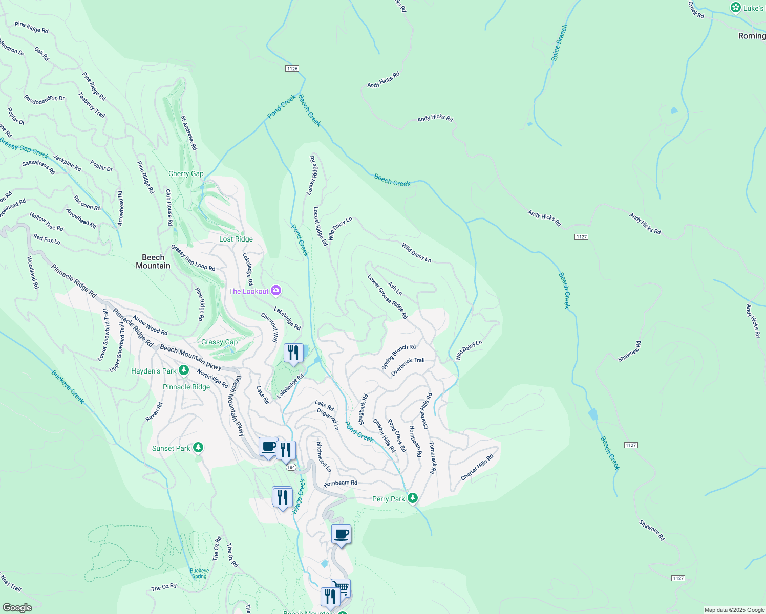 map of restaurants, bars, coffee shops, grocery stores, and more near 102 Heather Lane in Beech Mountain