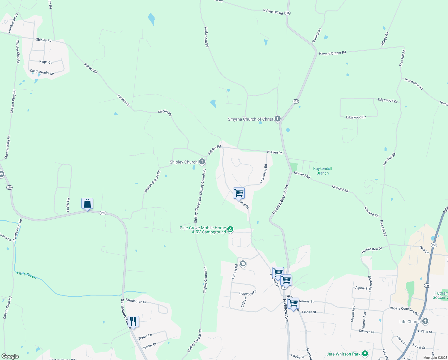 map of restaurants, bars, coffee shops, grocery stores, and more near 1950 Shipley Road in Cookeville