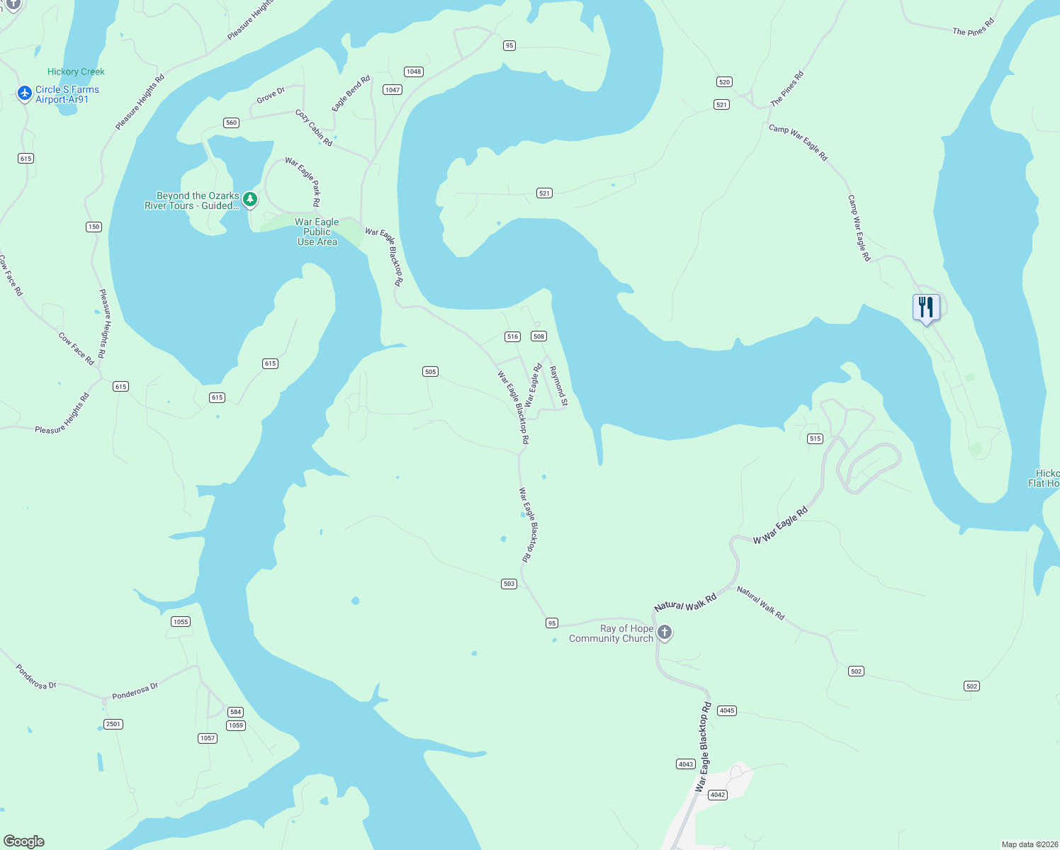 map of restaurants, bars, coffee shops, grocery stores, and more near 22785-22901 War Eagle Blacktop Road in Springdale