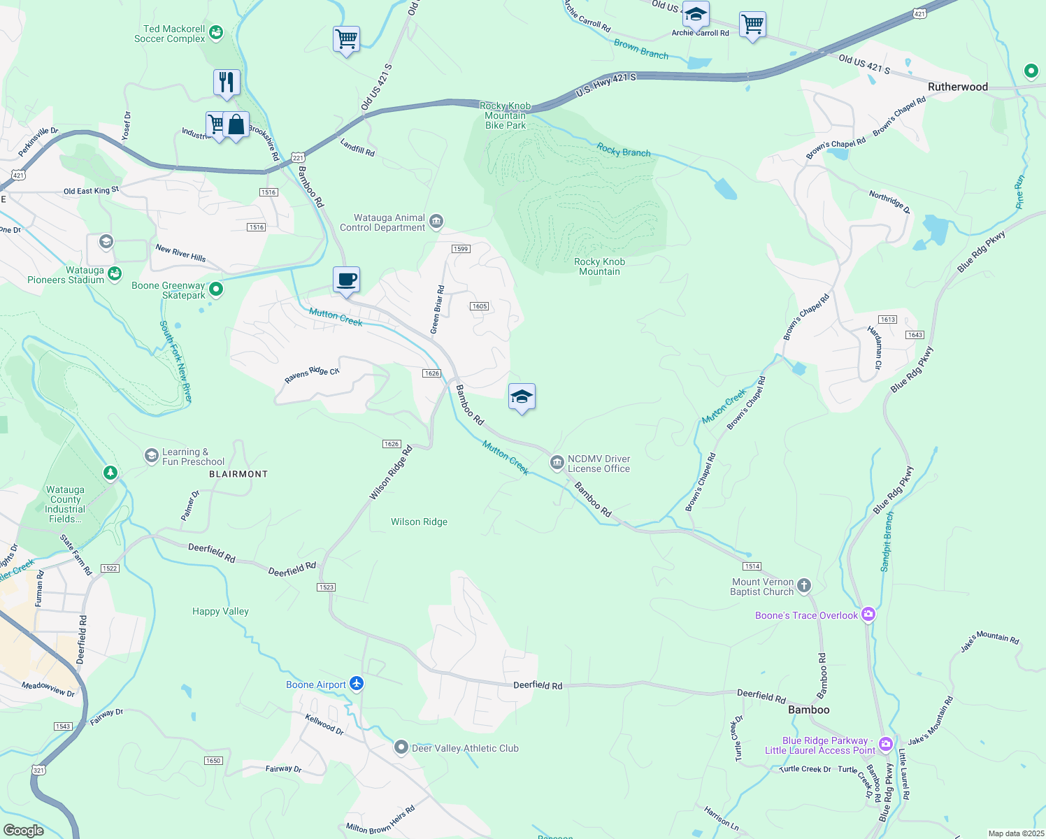 map of restaurants, bars, coffee shops, grocery stores, and more near in Boone
