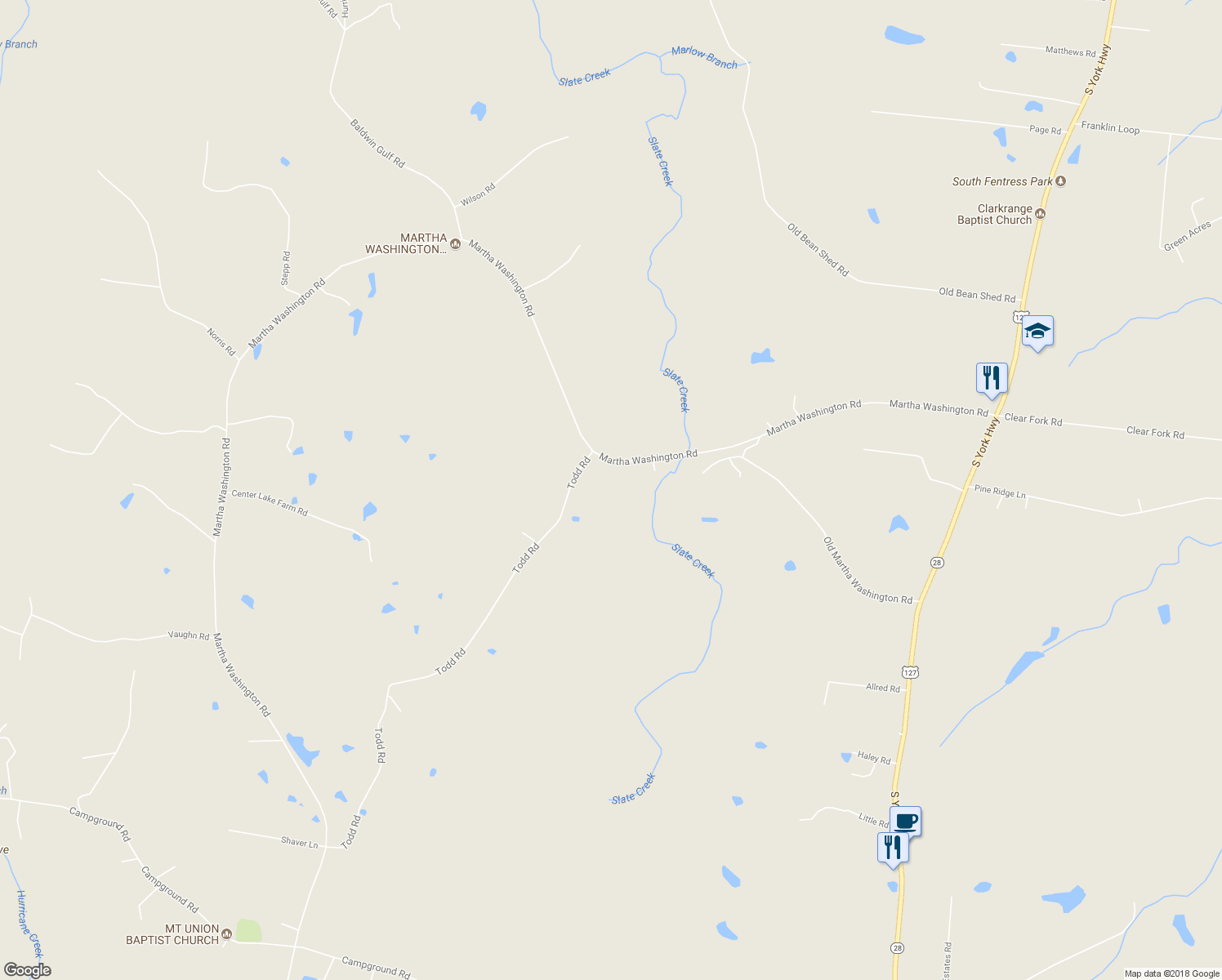 map of restaurants, bars, coffee shops, grocery stores, and more near 2047 Todd Road in Clarkrange