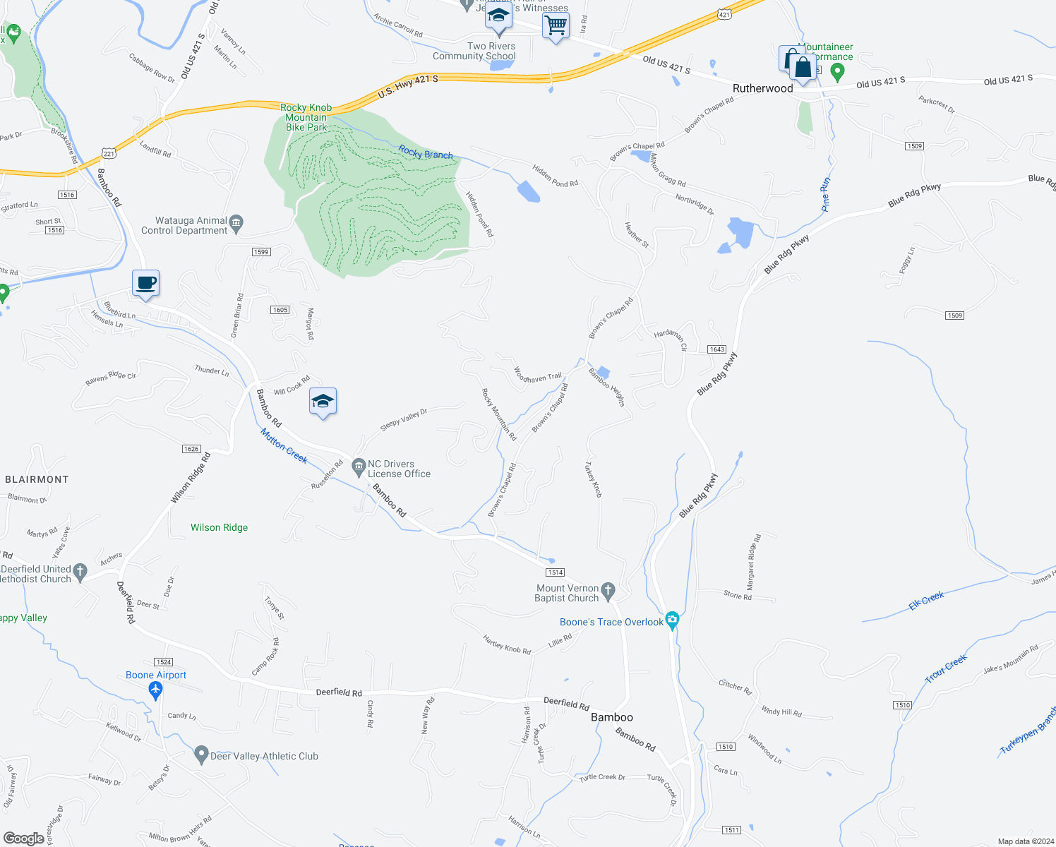 map of restaurants, bars, coffee shops, grocery stores, and more near 166 Rocky Mountain Lane in Boone