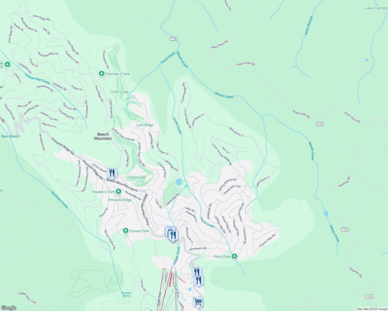 map of restaurants, bars, coffee shops, grocery stores, and more near 129 Locust Ridge Road in Beech Mountain