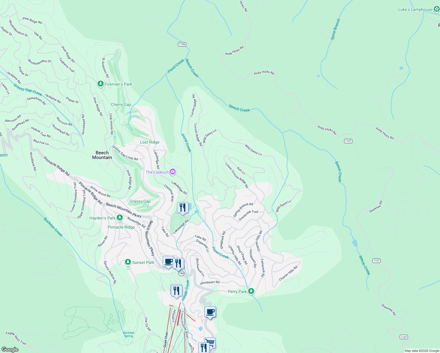 map of restaurants, bars, coffee shops, grocery stores, and more near 110 Locust Ridge Road in Beech Mountain