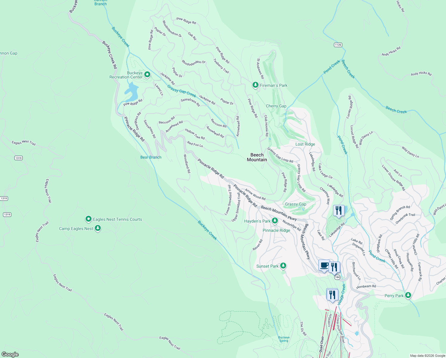 map of restaurants, bars, coffee shops, grocery stores, and more near 305 Pinnacle Ridge Road in Beech Mountain