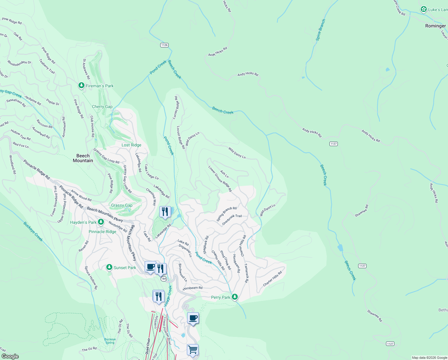 map of restaurants, bars, coffee shops, grocery stores, and more near 109 Ash Lane in Beech Mountain