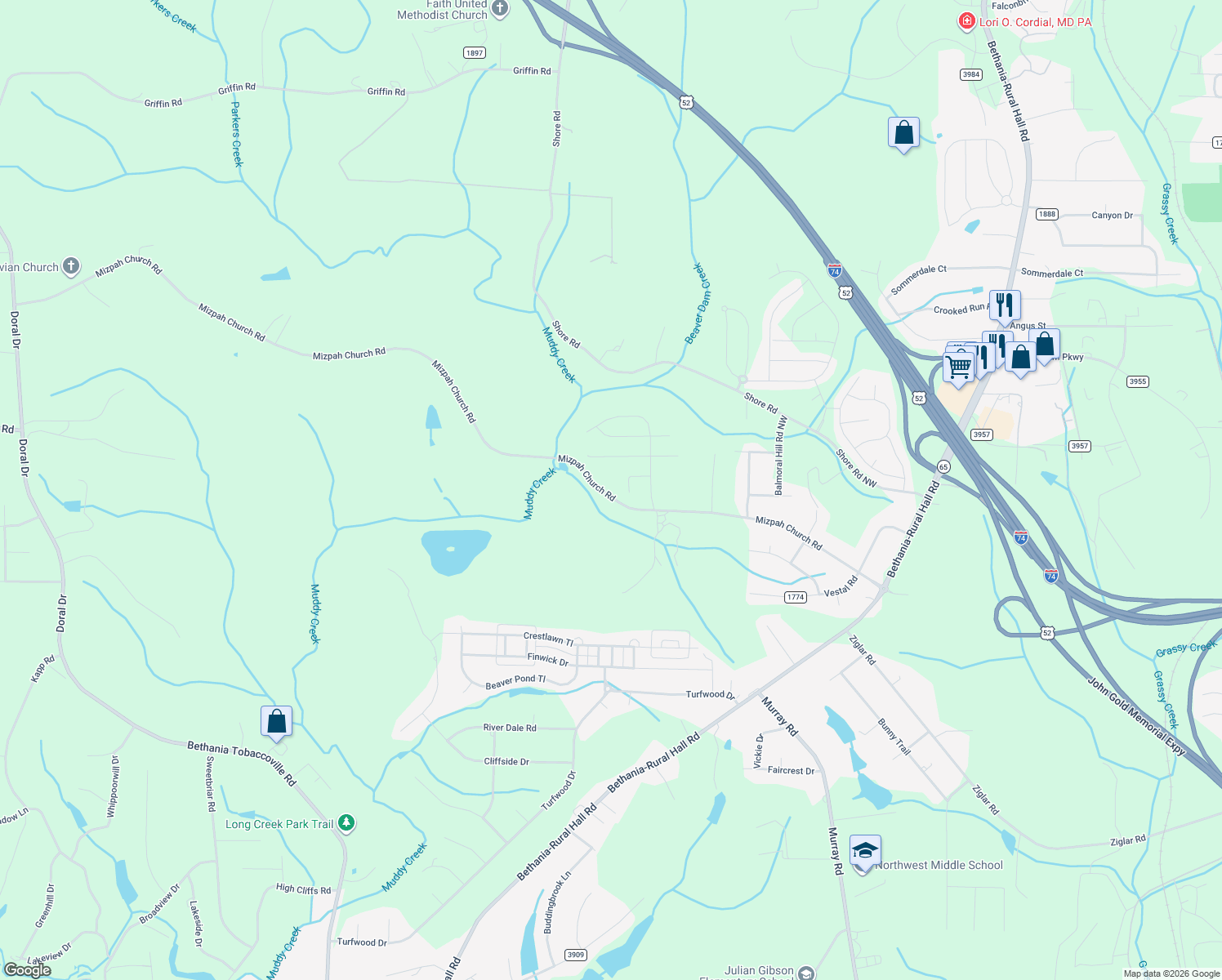 map of restaurants, bars, coffee shops, grocery stores, and more near 1695 Mizpah Church Road in Rural Hall