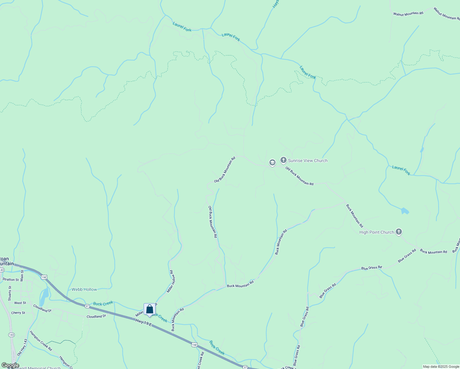 map of restaurants, bars, coffee shops, grocery stores, and more near Katie Lane in Roan Mountain