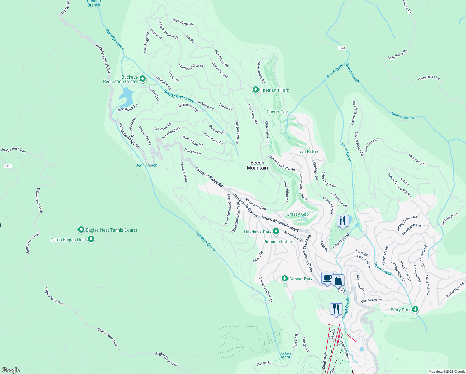 map of restaurants, bars, coffee shops, grocery stores, and more near 138 Hawthorn Road in Beech Mountain