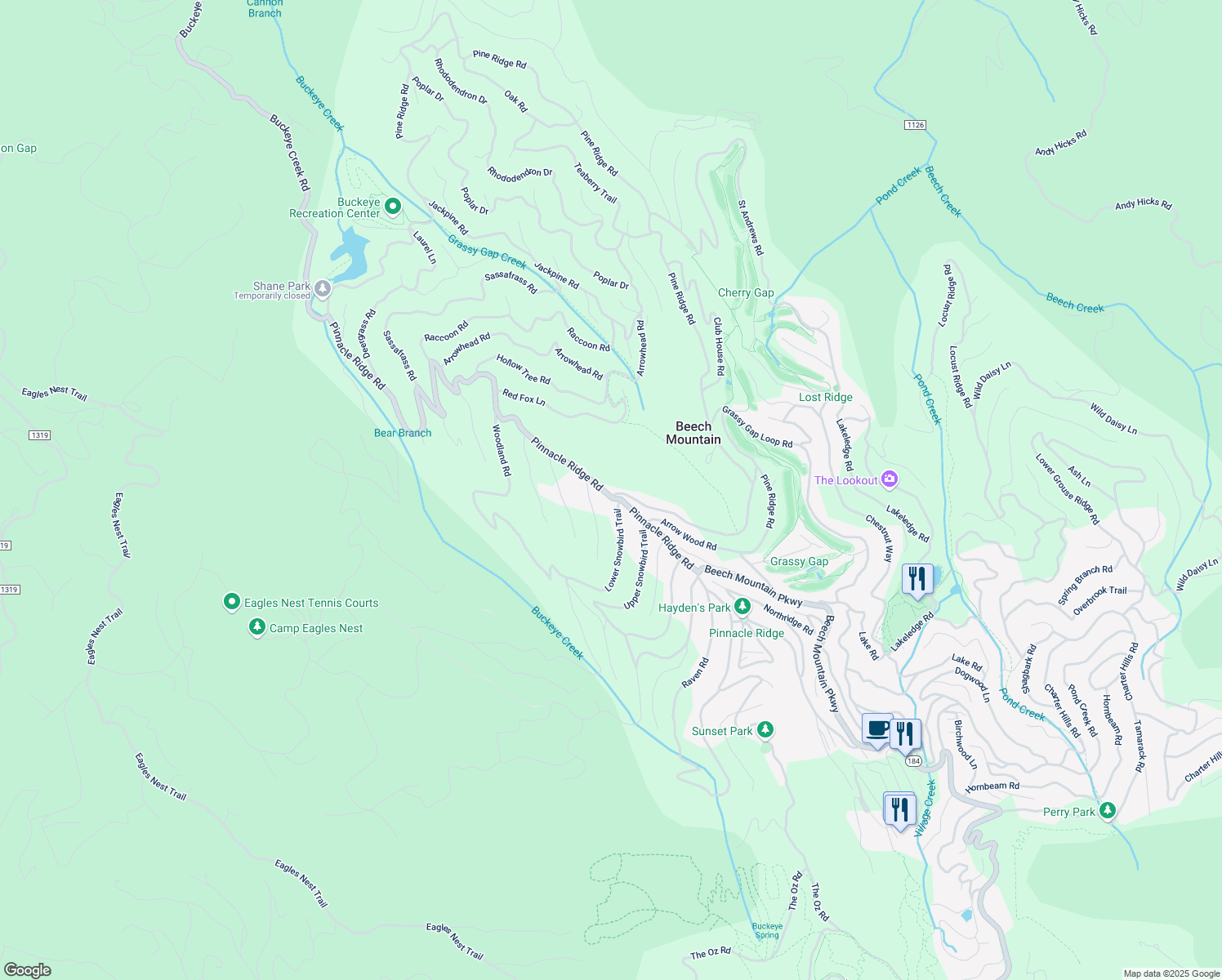 map of restaurants, bars, coffee shops, grocery stores, and more near 300 Pinnacle Ridge Road in Beech Mountain