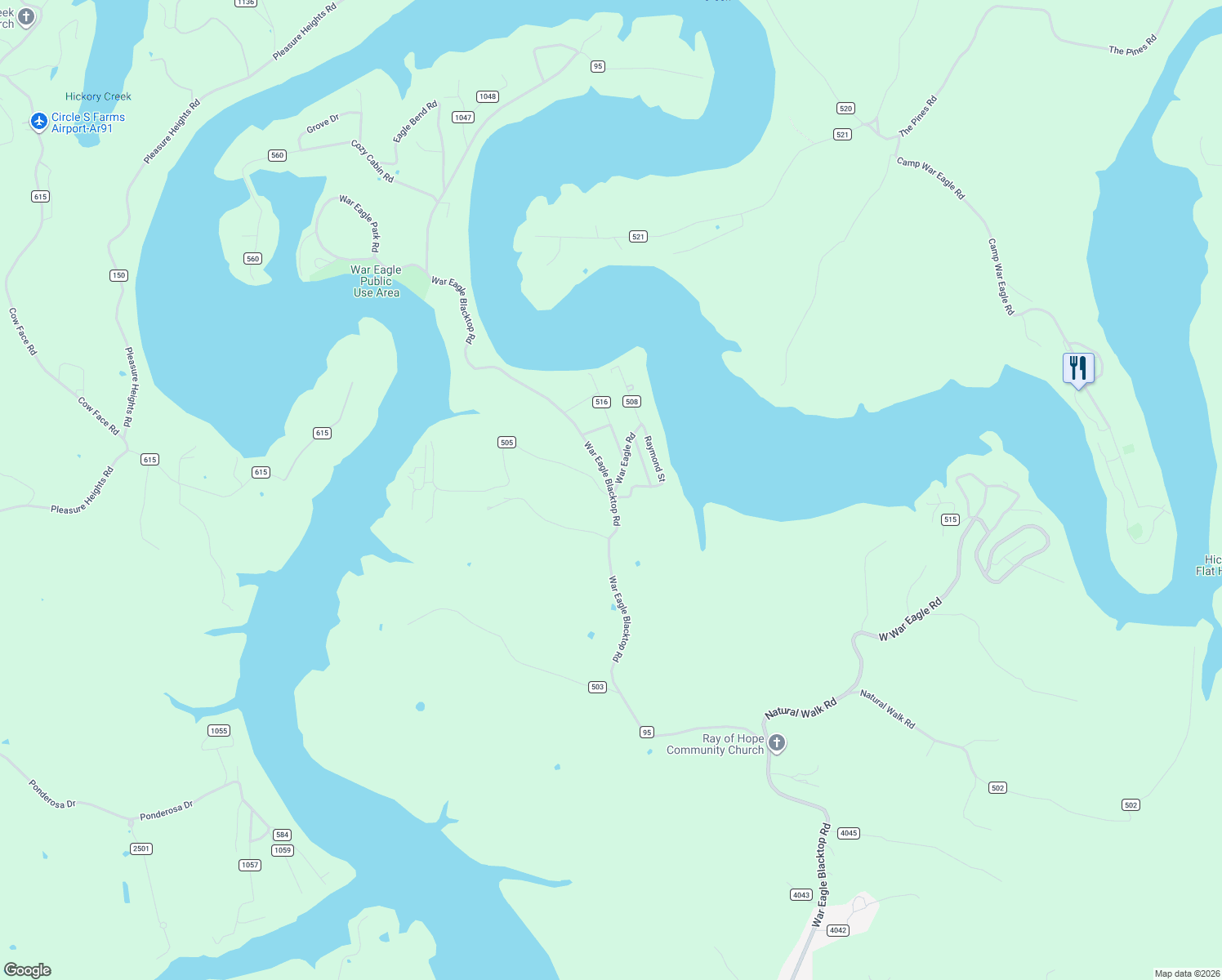 map of restaurants, bars, coffee shops, grocery stores, and more near 22785-22901 War Eagle Blacktop Road in Springdale