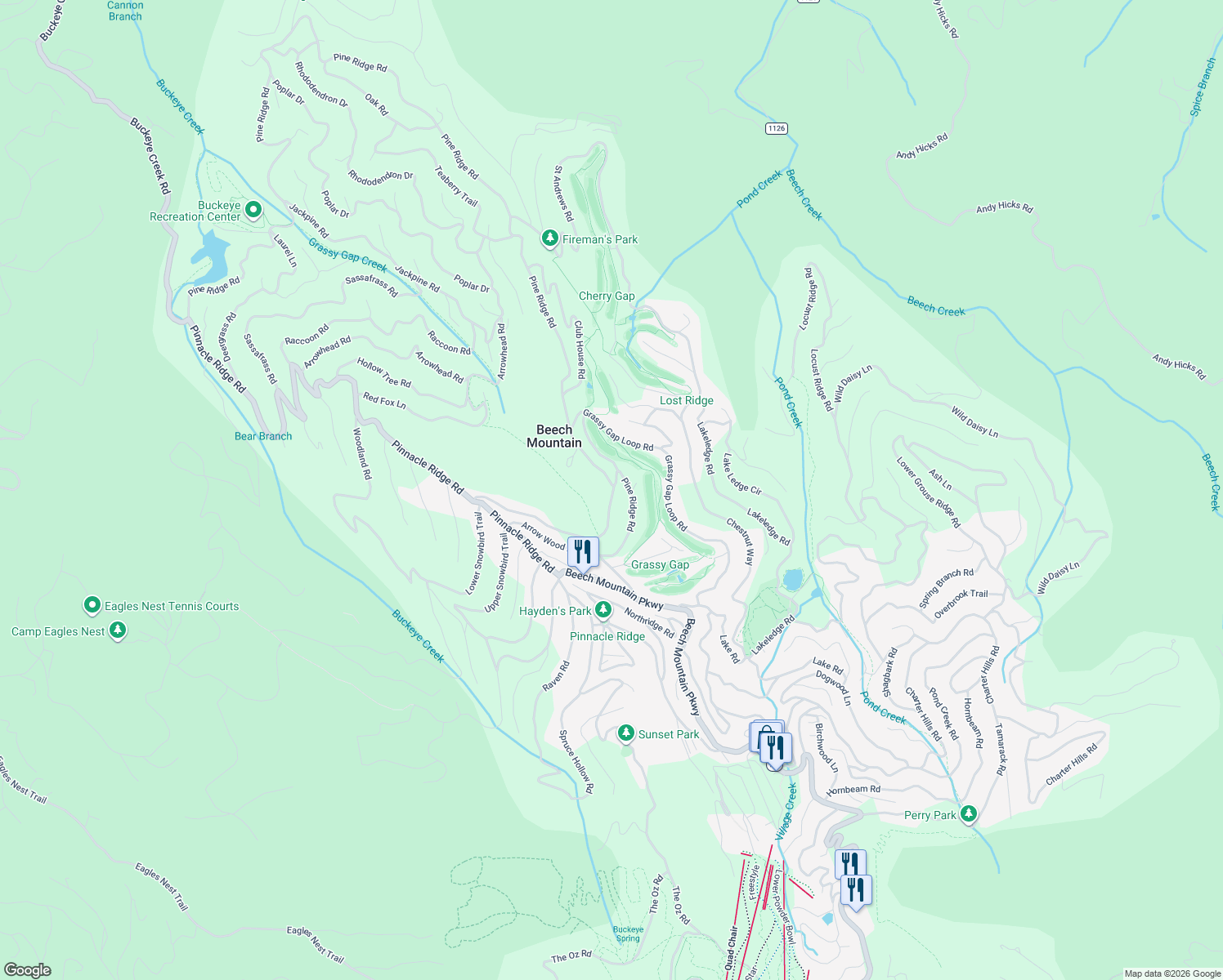 map of restaurants, bars, coffee shops, grocery stores, and more near 138 Hawthorn Rd in Beech Mountain