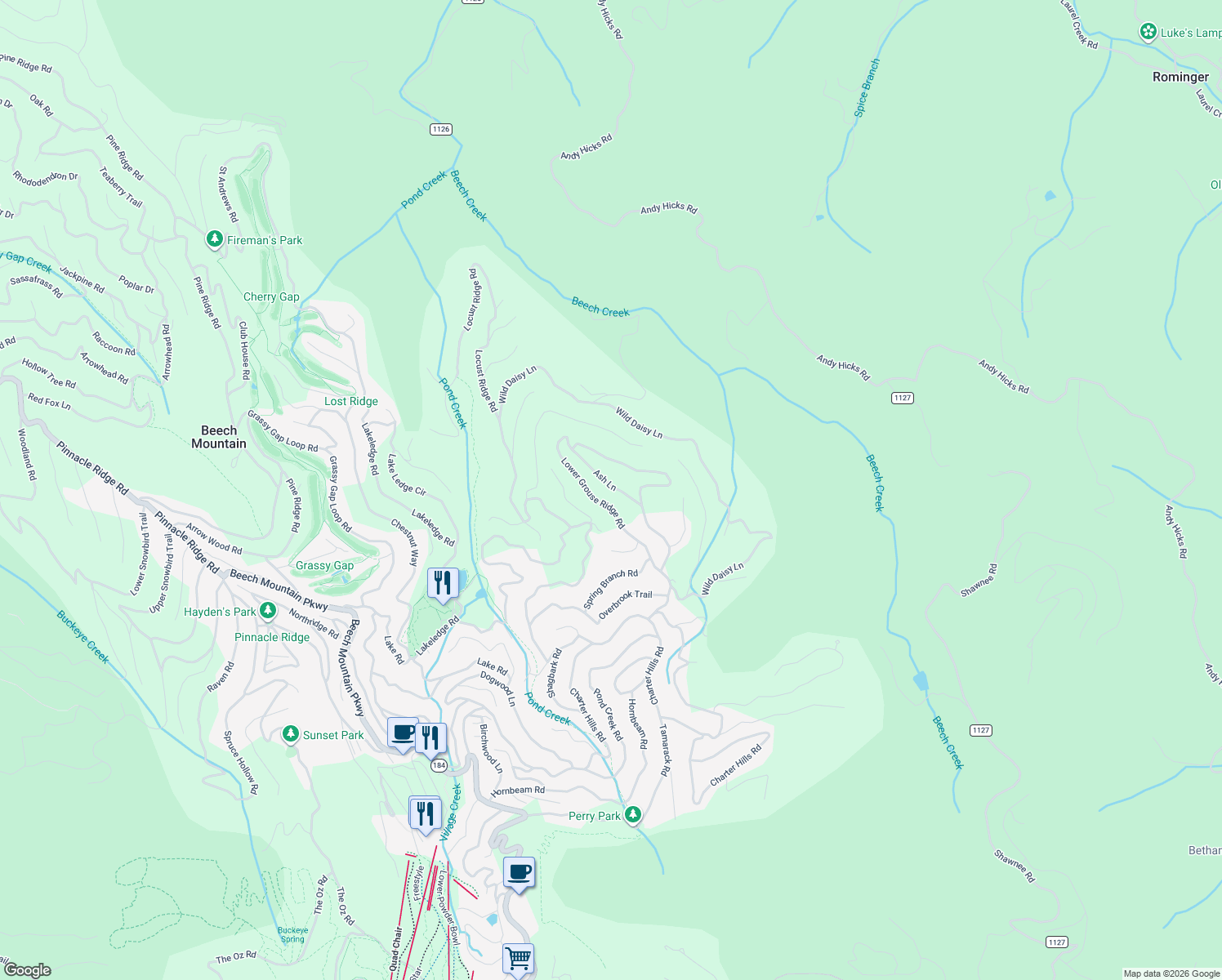 map of restaurants, bars, coffee shops, grocery stores, and more near 109 Ash Lane in Beech Mountain