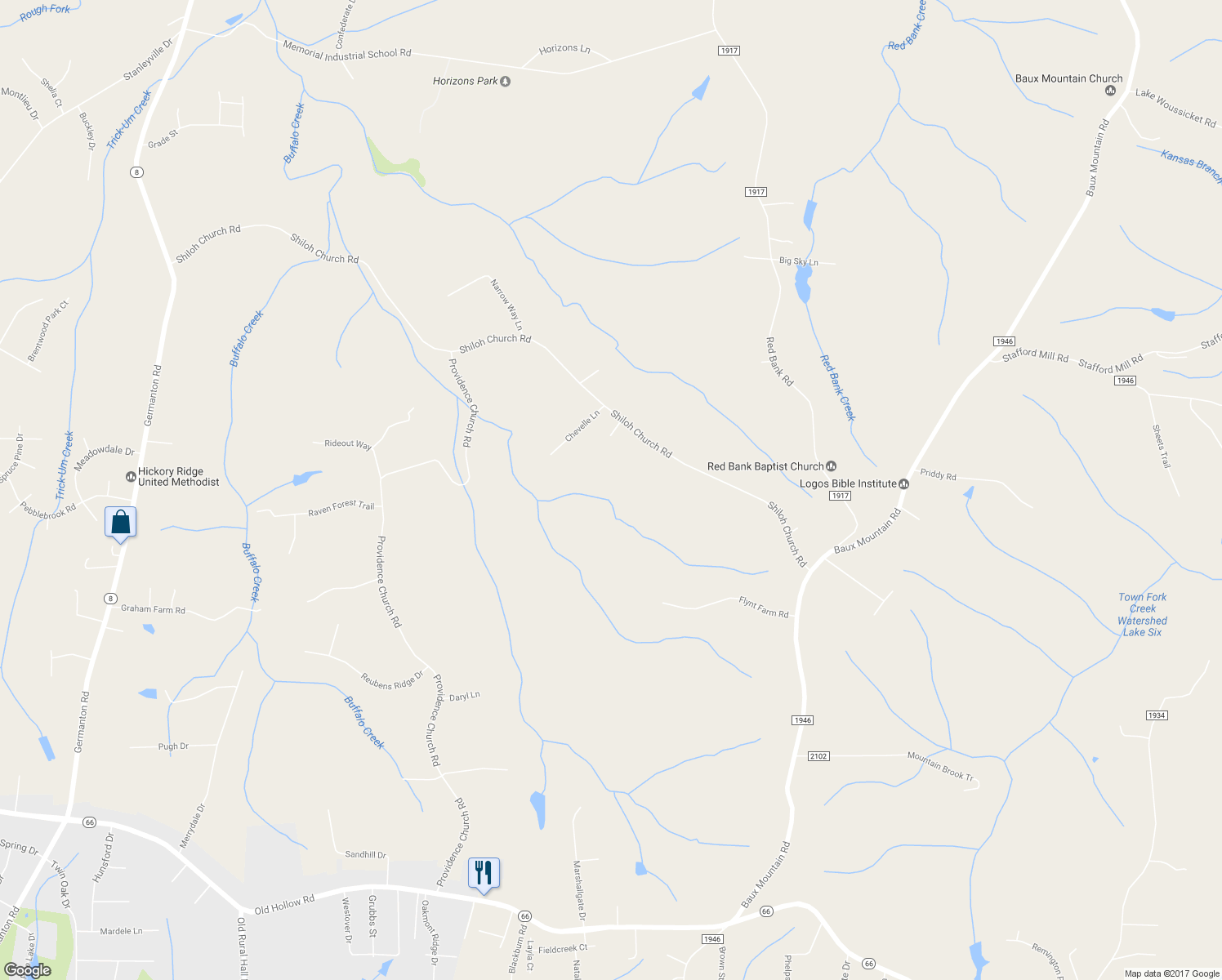 map of restaurants, bars, coffee shops, grocery stores, and more near 2860 Shiloh Church Rd in Winston-Salem