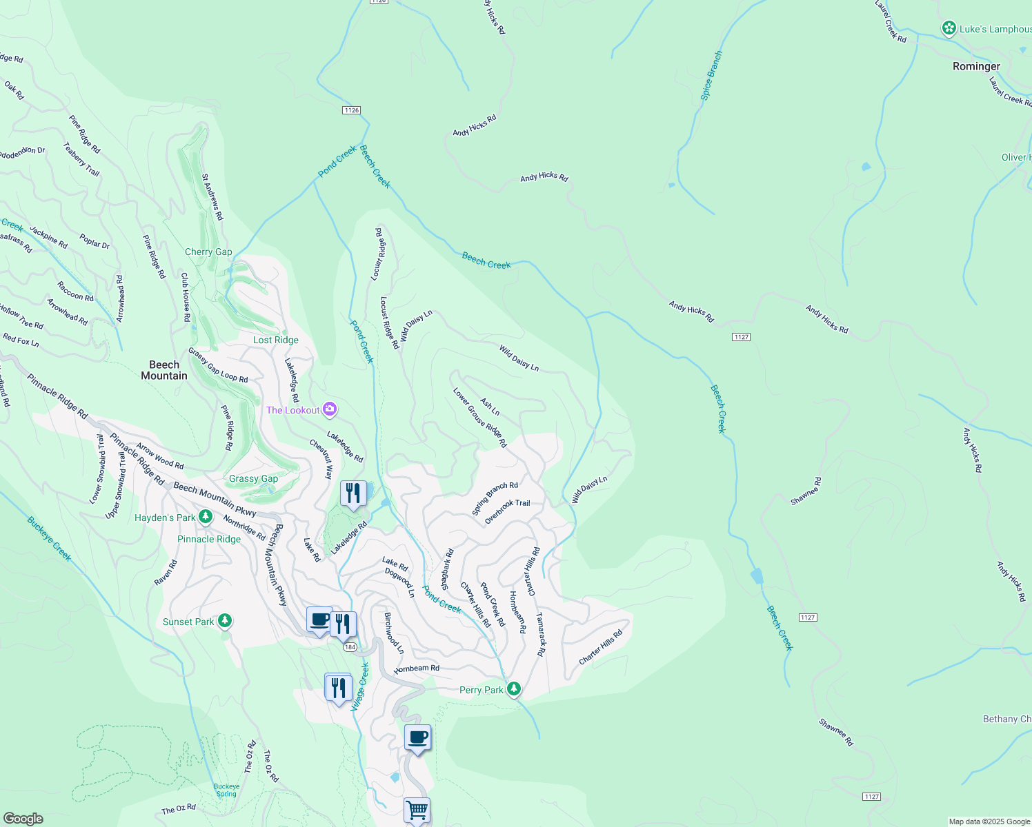 map of restaurants, bars, coffee shops, grocery stores, and more near 203 Upper Grouse Ridge Road in Beech Mountain