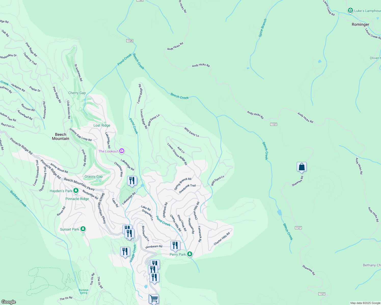 map of restaurants, bars, coffee shops, grocery stores, and more near 203 Upper Grouse Ridge Road in Beech Mountain