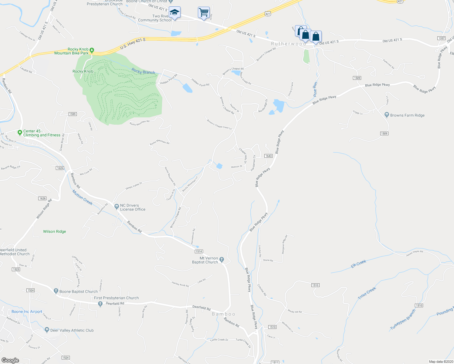 map of restaurants, bars, coffee shops, grocery stores, and more near 292 Bamboo Heights in Boone