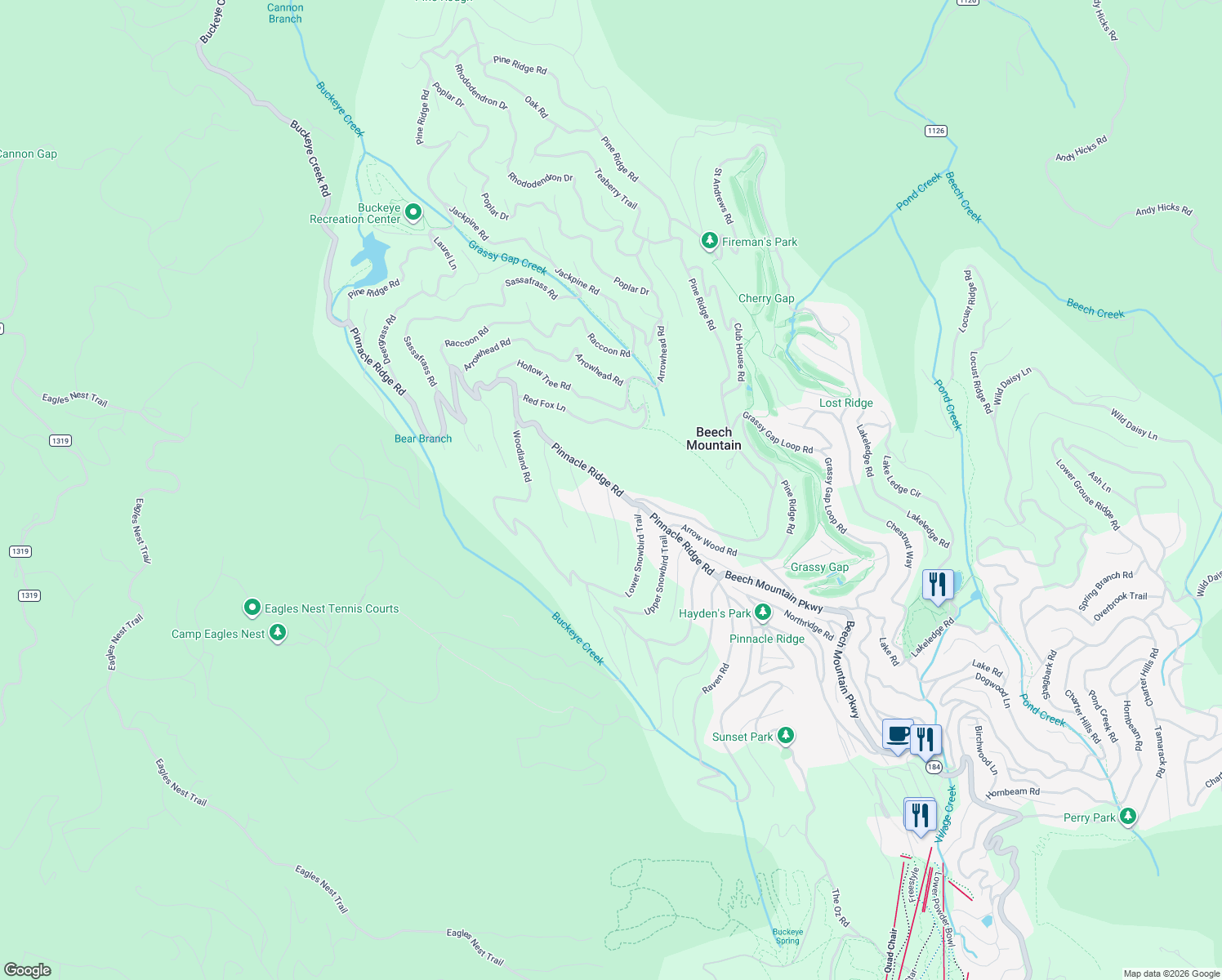 map of restaurants, bars, coffee shops, grocery stores, and more near 305 Pinnacle Ridge Road in Beech Mountain