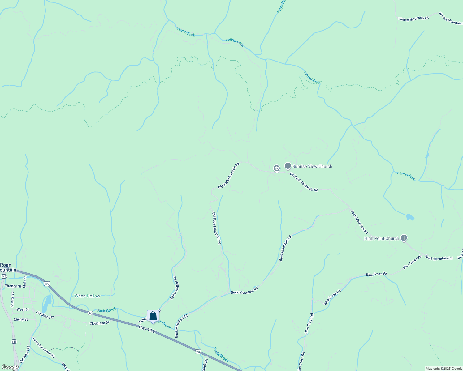map of restaurants, bars, coffee shops, grocery stores, and more near Katie Lane in Roan Mountain