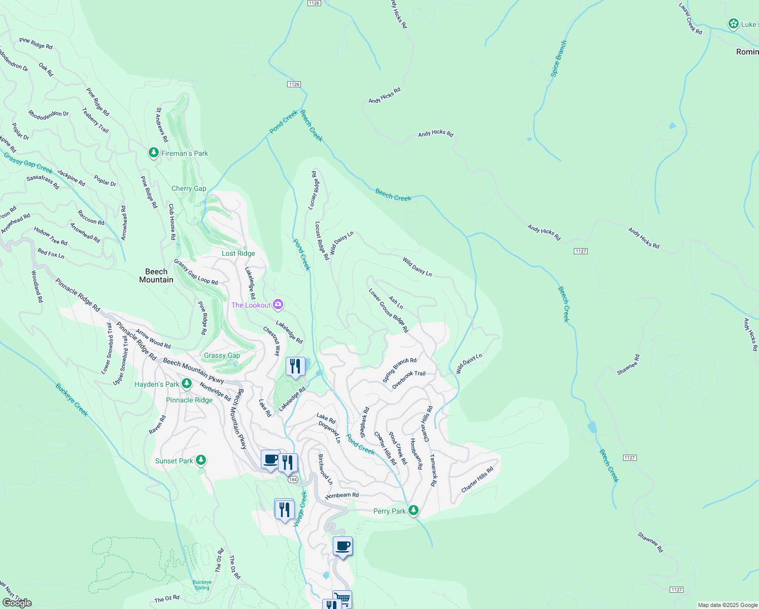 map of restaurants, bars, coffee shops, grocery stores, and more near 125 Lower Grouse Ridge Road in Beech Mountain