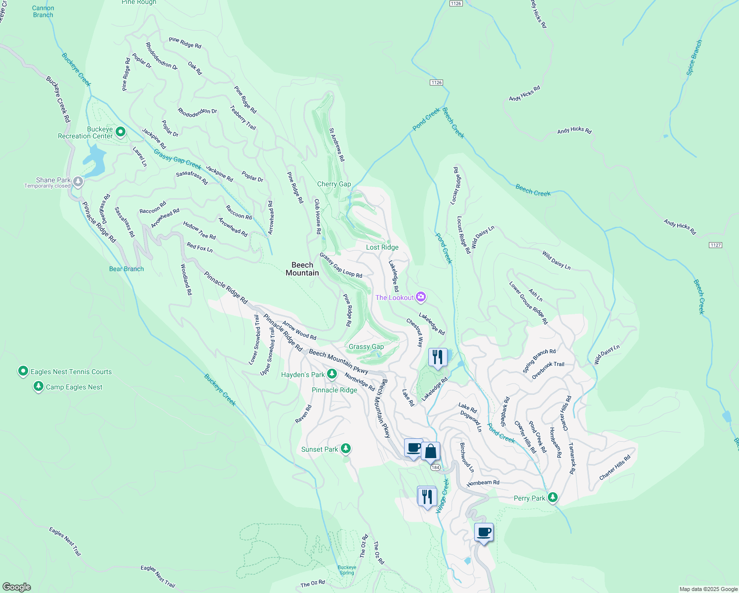 map of restaurants, bars, coffee shops, grocery stores, and more near 145 Grassy Gap Loop Road in Beech Mountain