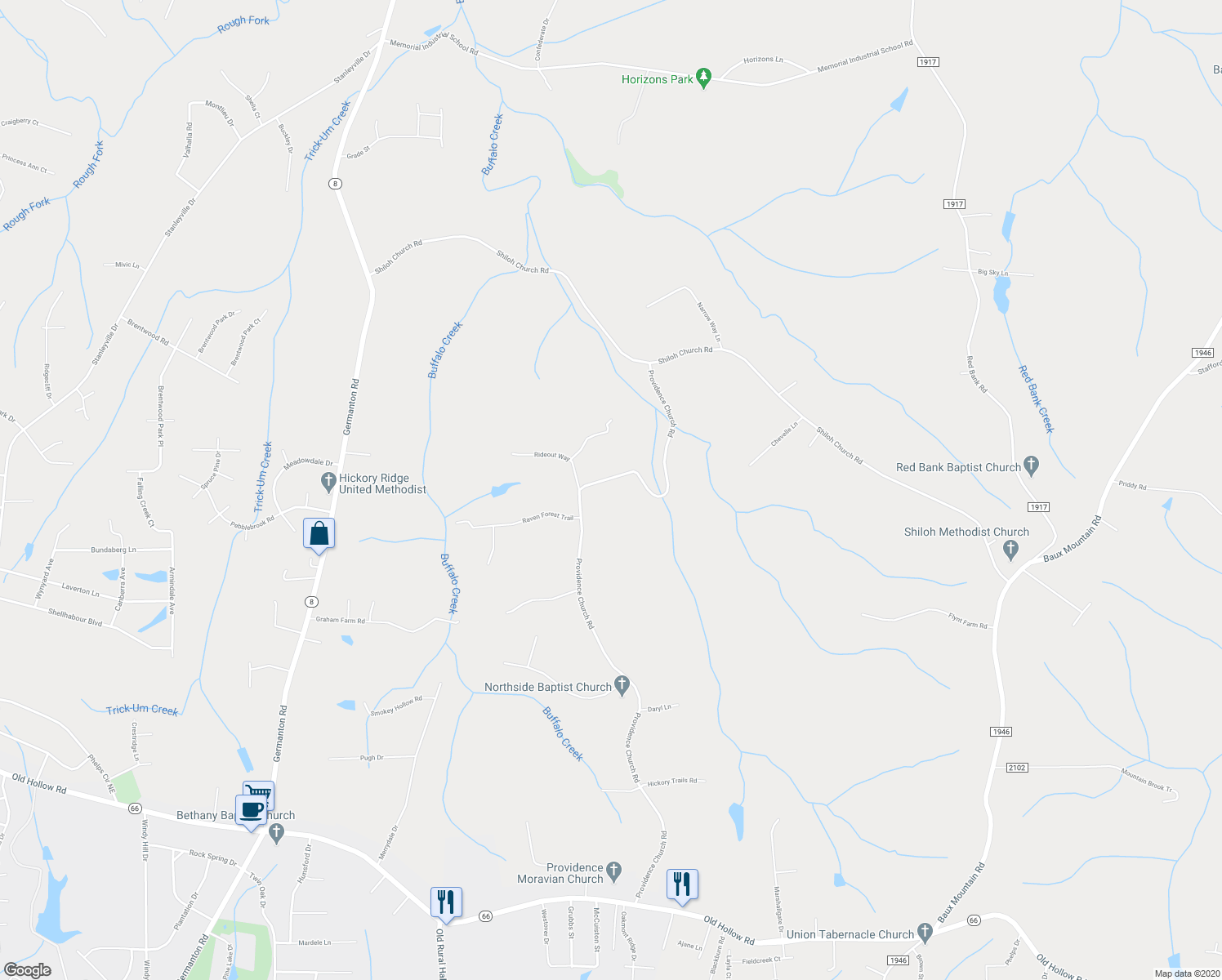 map of restaurants, bars, coffee shops, grocery stores, and more near 6395 Providence Church Road in Winston-Salem
