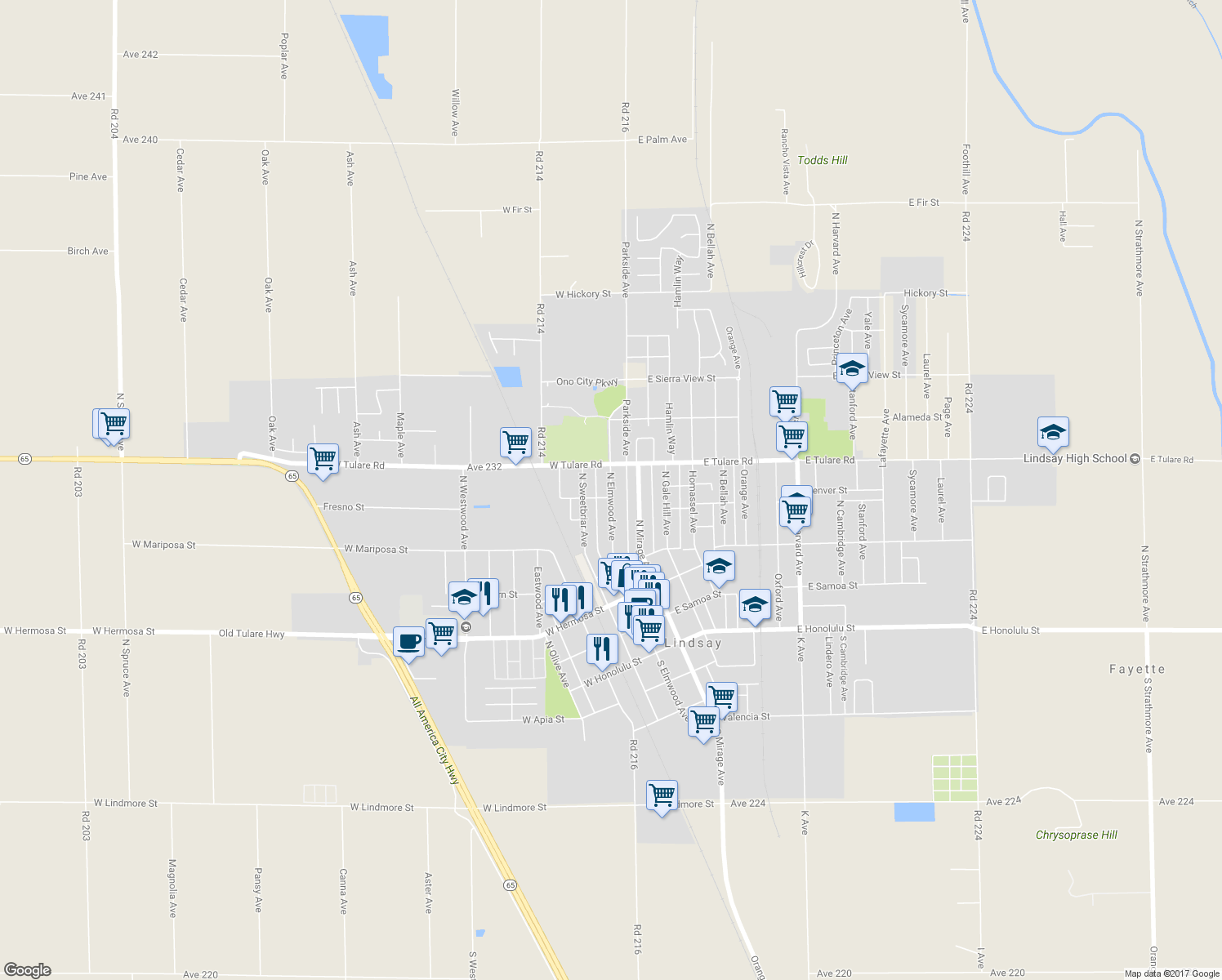 map of restaurants, bars, coffee shops, grocery stores, and more near 619 North Elmwood Avenue in Lindsay