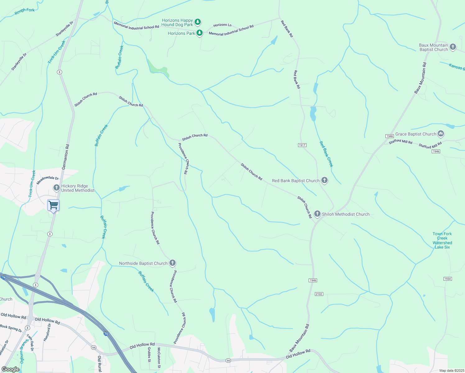 map of restaurants, bars, coffee shops, grocery stores, and more near 1255 Chevelle Lane in Winston-Salem