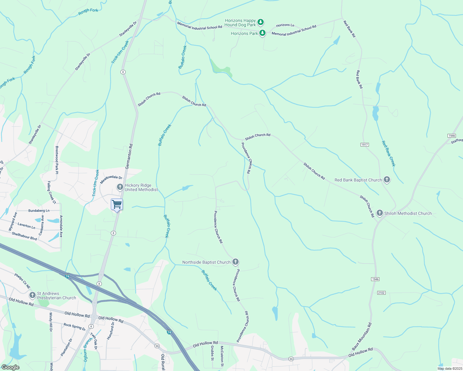map of restaurants, bars, coffee shops, grocery stores, and more near 6399 Providence Church Road in Winston-Salem