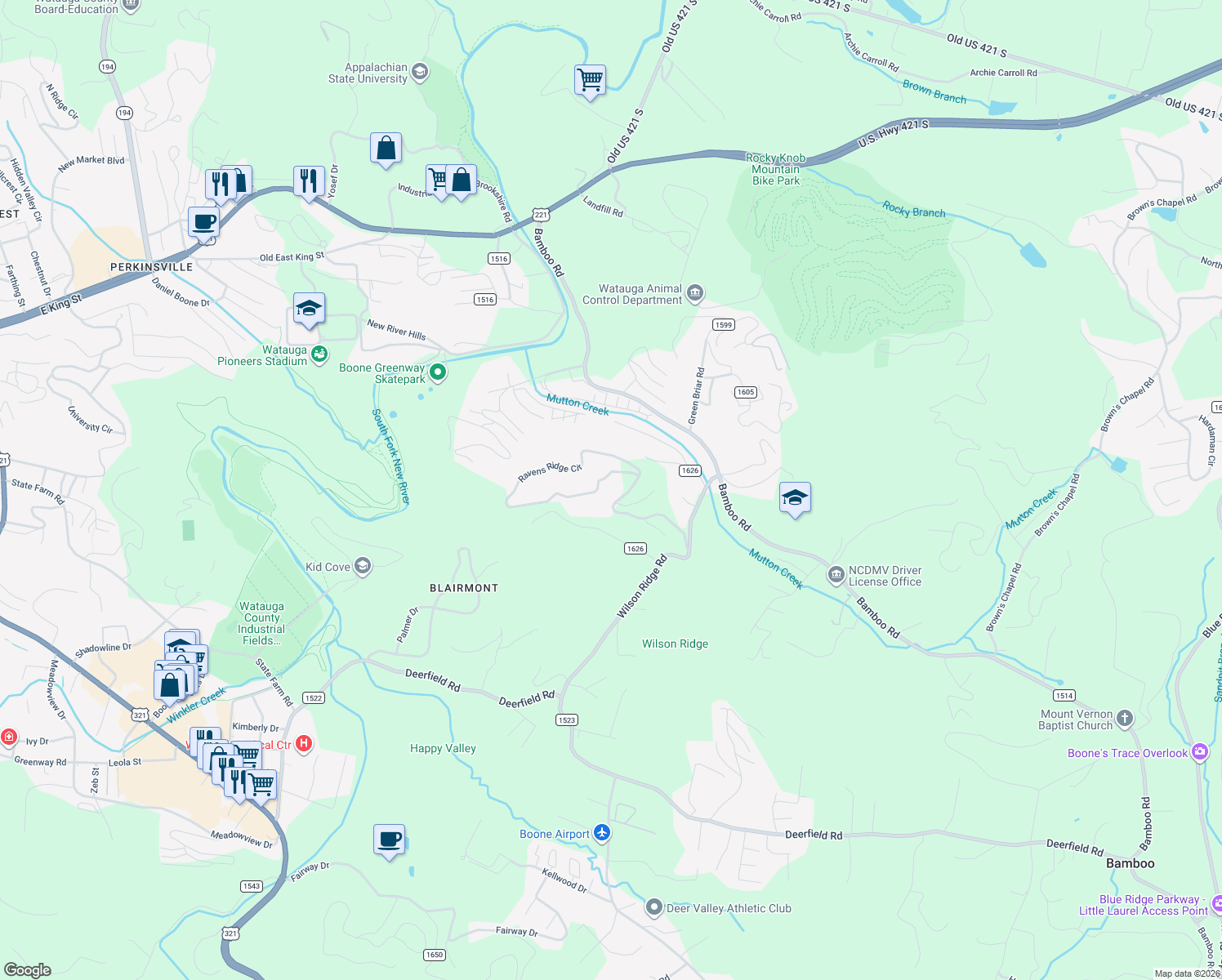 map of restaurants, bars, coffee shops, grocery stores, and more near 1354 Ravens Ridge Circle in Boone