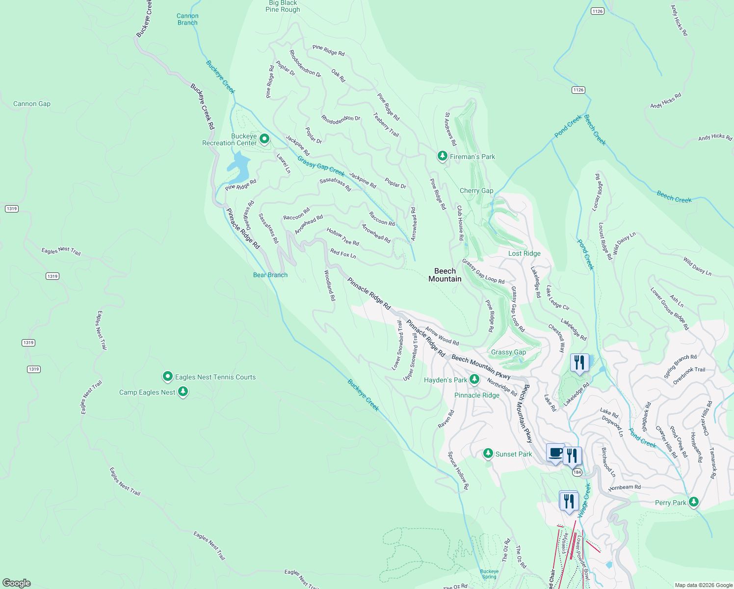 map of restaurants, bars, coffee shops, grocery stores, and more near 314 Pinnacle Ridge Road in Beech Mountain